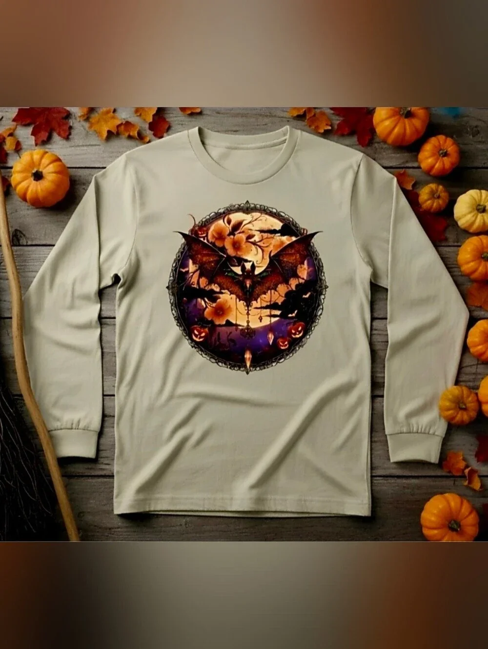Gothic Bat Moon Floral Halloween Long Sleeve Tee | Witchy Fall Shirt